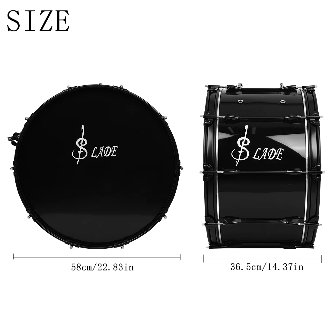 SLADE 22-inch Black Marching Drum with Carrier Reinforced Hoop Adjustable Shoulder Design for Percussionists