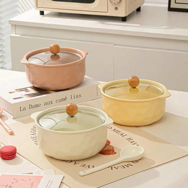 Double-eared instant noodle ceramic bowl with lid office dormitory student for home soup bowl snail noodle bowl