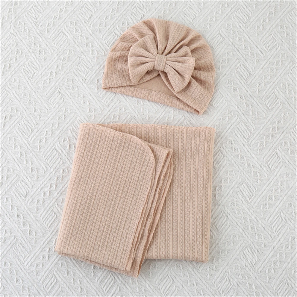 Newborn Baby Swaddle Blanket Set With Bowknot Decorated Hat, 1pc Blanket And 1pc Wrap