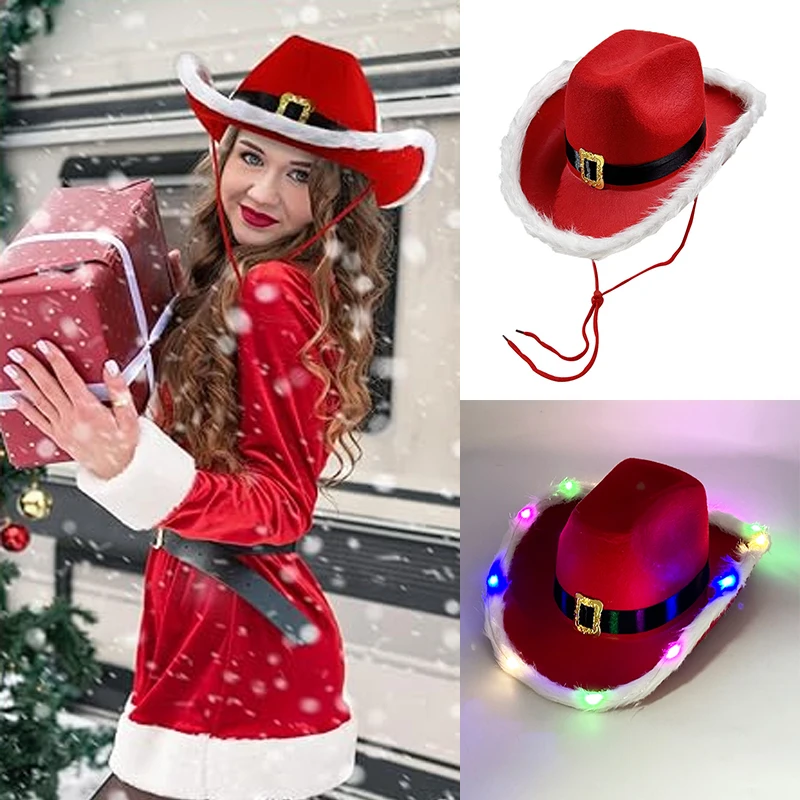 Kerst Rode Western Cowboyhoed Nieuwjaar Kerstdecoratie Kerstfeest Gunst Speelgoed Kerst Cowgirl Hoed Met LED Licht