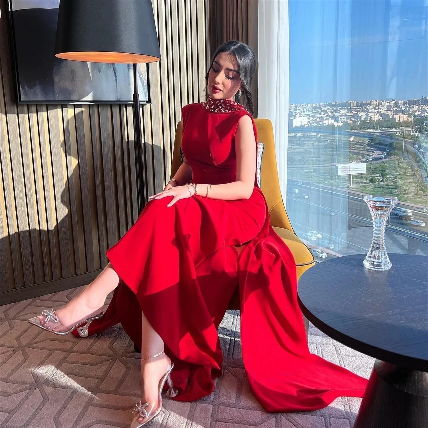 

Red Beaded Long Bespoke Occasion Gown Evening Dresses Pastrol Unisex Jersey Retro Dubai Saudi Arabic Israel Prom Customized