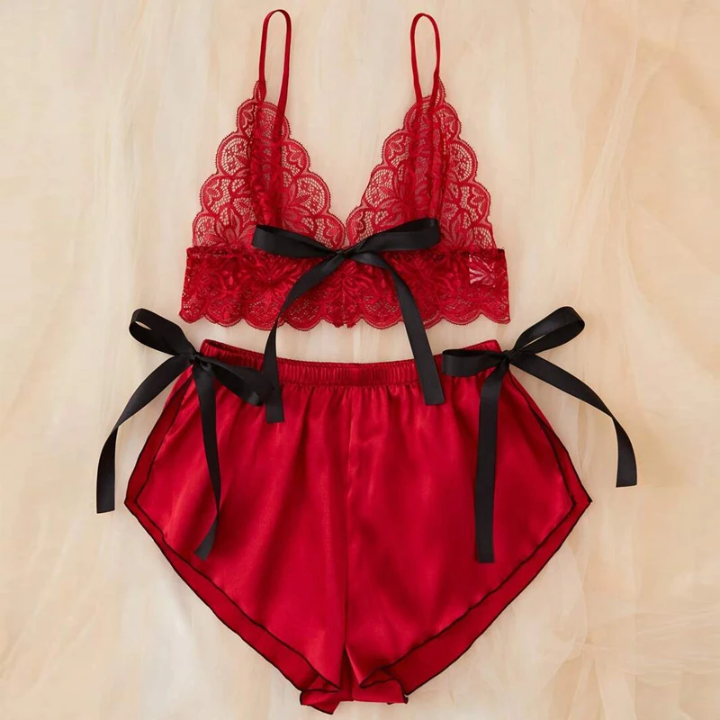 Women\'s Lace Bra Sleepwear Sets Red Seamless Underwear Backless Vest Sexy Lingerie See Through Bra & Shorts Set Intimates Bow