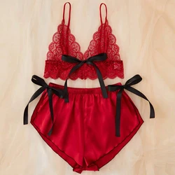 Women's Lace Bra Sleepwear Sets Red Seamless Underwear Backless Vest Sexy Lingerie See Through Bra & Shorts Set Intimates Bow