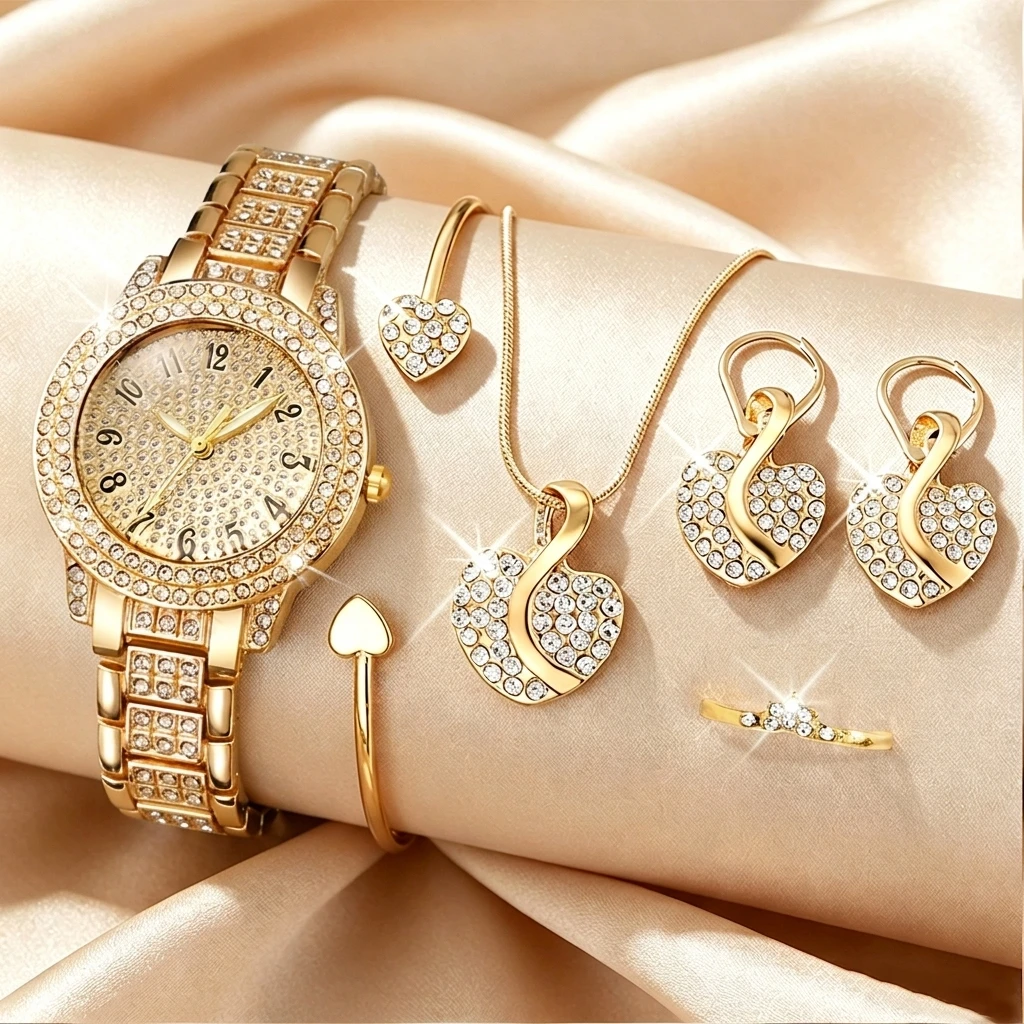 6PCS Luxury Rhinestone Women Watch Heart Jewelry Set Fashion Arabic Dial Ladies Quartz Wristwatches Relogio Feminino Clock Gift