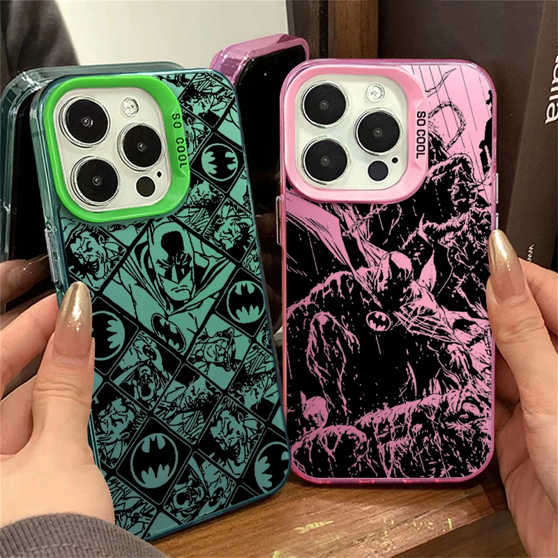 Cute Cartoon B-atmans For iPhone 15 14 13 12 11 Pro Max XS Max X XR 7 8 Plus 6S Fashion Colorful Silver Phone Case