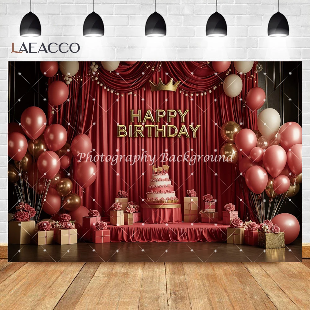 Happy Birthday Red Balloons Gift Photography Background Luxury Sofa Cake Decoration Women Birthday Party Portrait Photo Backdrop