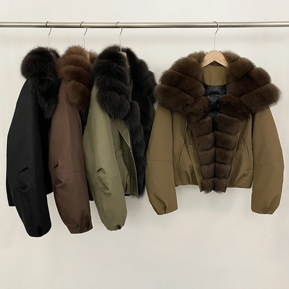 天然毛皮の襟付きダウンコート、女性用暖かい服、ショート丈の厚手リアルファーコート、新作冬用長袖パファージャケット、女性用