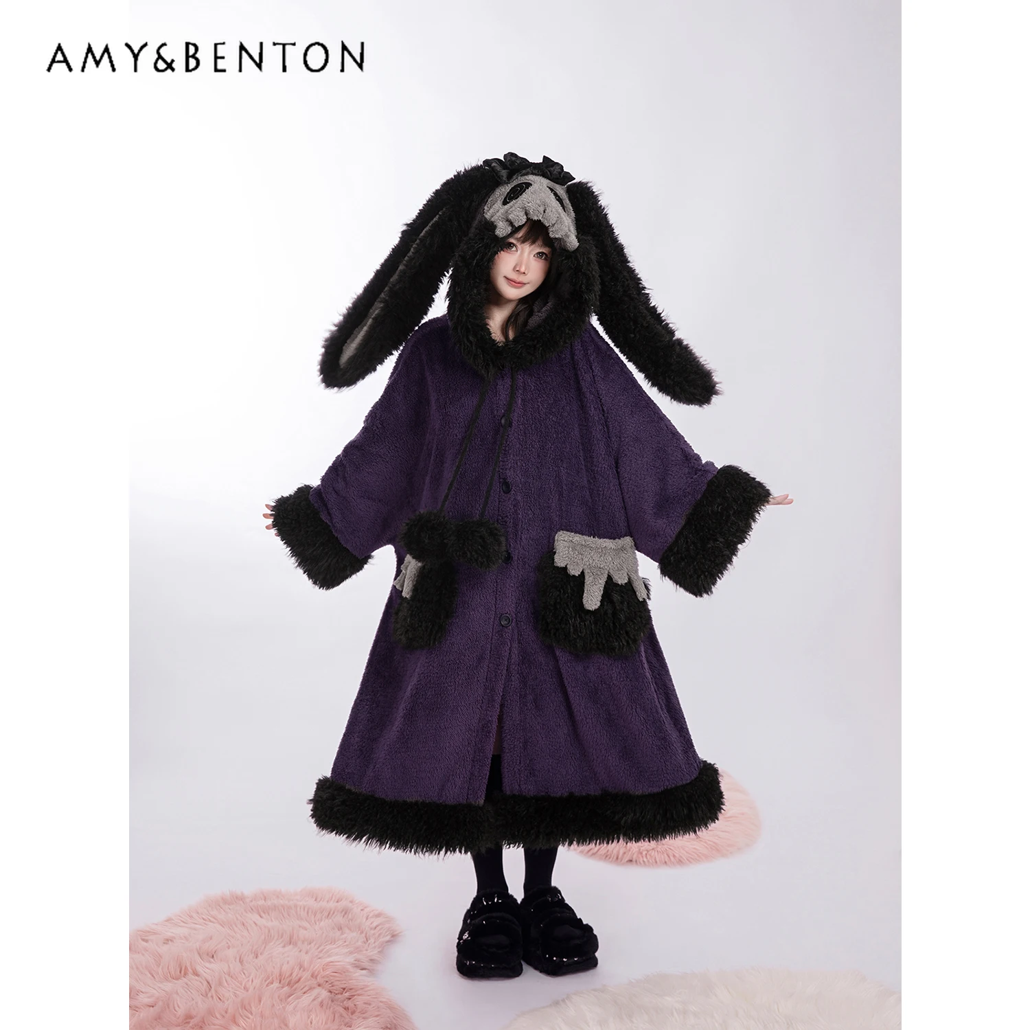 

Japanese Gothic Kawaii Plush Ears Thickened Warm Fluffy Coat Women Winter New Loose Daily Casual Versatile Long Loungewear