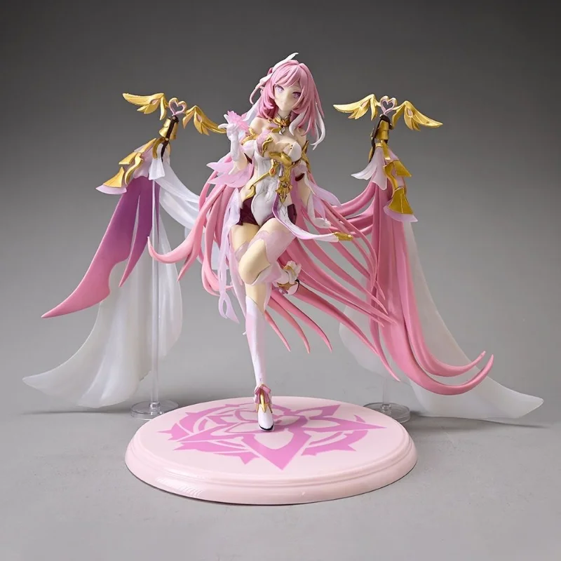 In Stock Pink Long Hair Warrior Girl Figure White Gold Outfit Wing Ornament Flowing Ribbon Pink Pattern Base Desktop Decor Gift