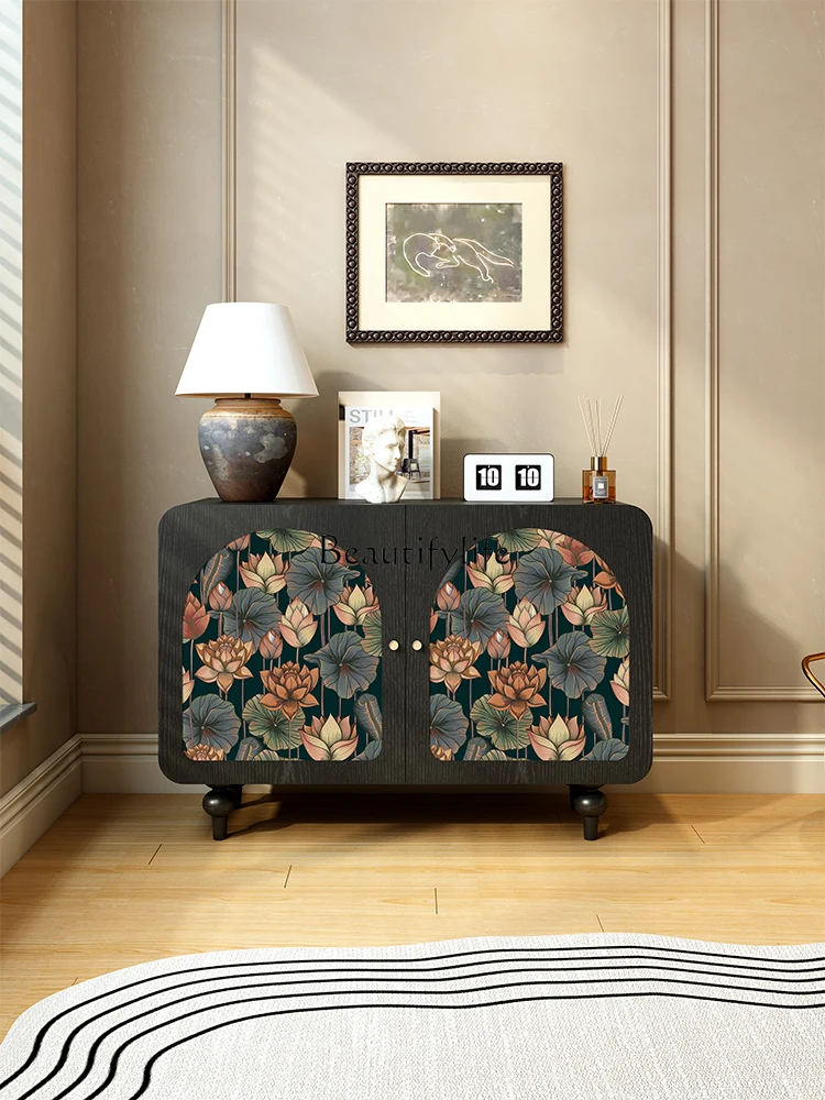 

French retro lotus entrance cabinet bedroom against the wall solid wood painted storage cabinet rounded corner double door
