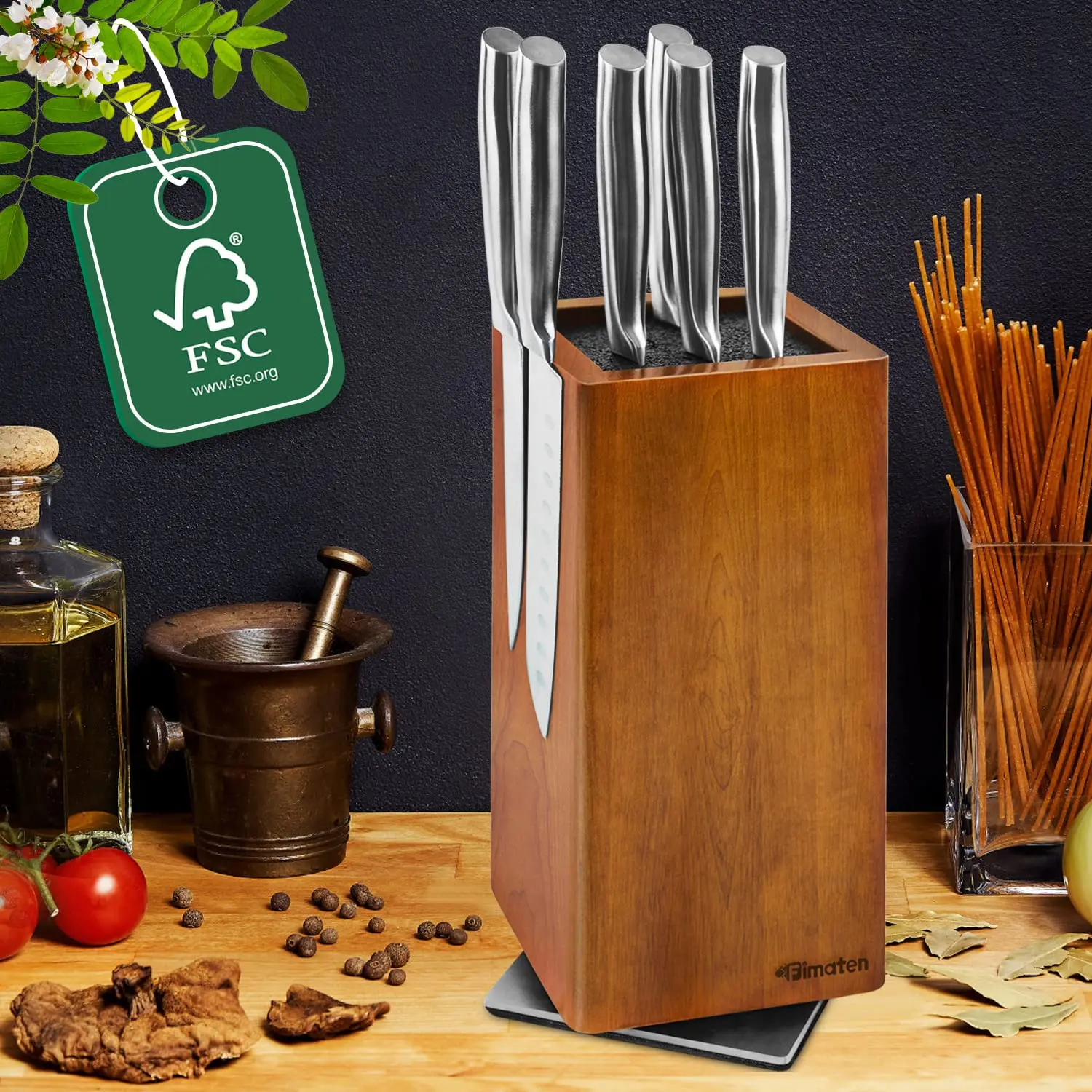 Magnetic Rotating Wood Knife Holder  360° Rotatable Knife Block For  Kitchen Knives Storage With Anti Slip Pad Wood Knife Board