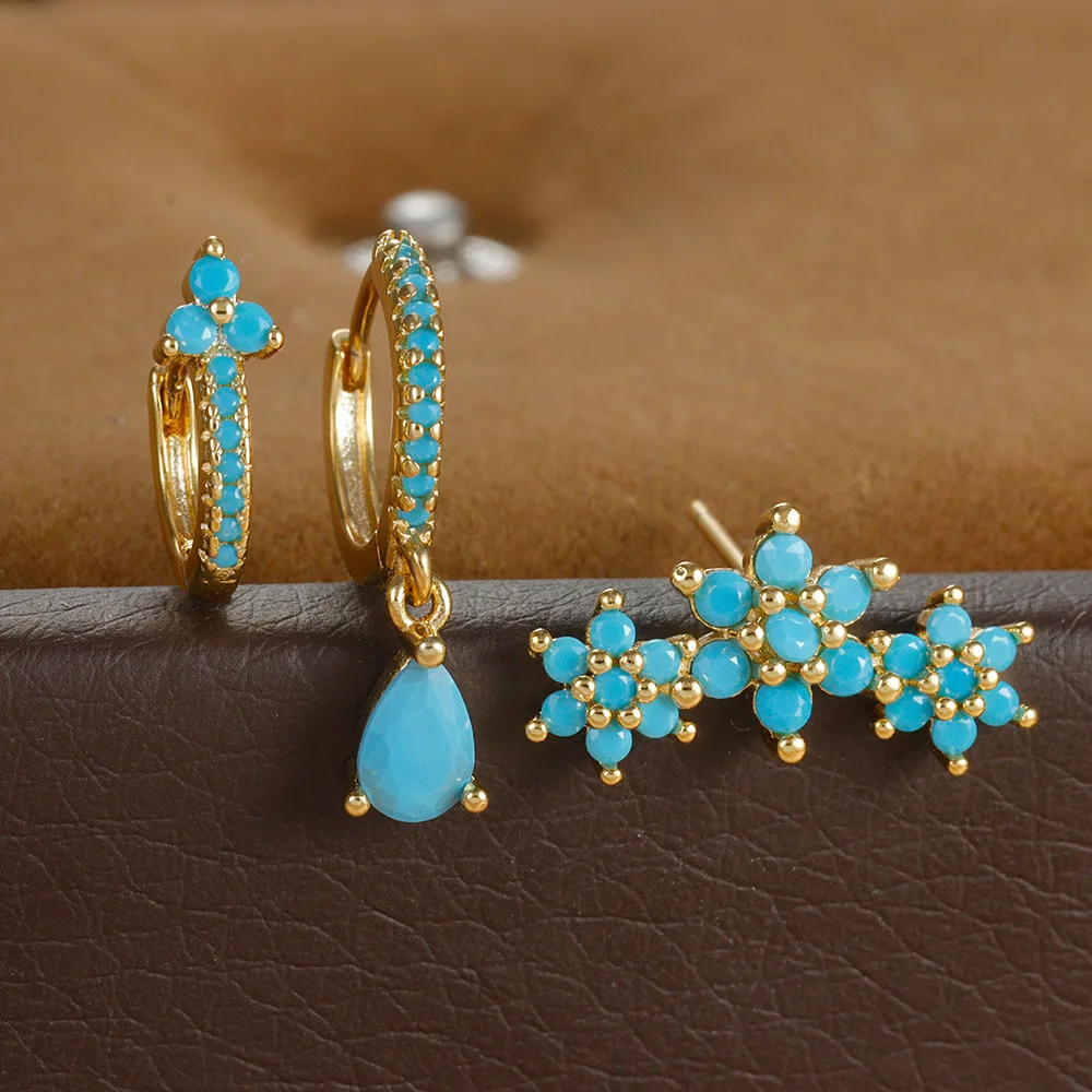 ชุดต่างหูห่วงสแตนเลส3ชิ้นสำหรับผู้หญิงต่างหูแบบเจาะสีฟ้าเพชรสังเคราะห์สีทองเครื่องประดับแบบเจาะกระดูกอ่อน