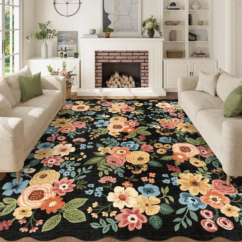 Black Vintage Floral Scalloped Living Room Rug, American Country Large Carpet for  Bedroom, Machine Washable Non‑Slip Floor Mat