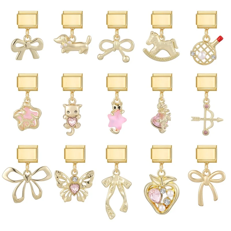 Cute Puppy Cat Bow Butterfly Star Tennis Racket Golden Pendant Italian Charm Links Fit 9mm Stainless Steel Bracelet Diy Making