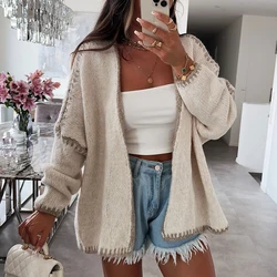 2024 Winter Elegant Color Blocking Outerwear Autumn Fashion V Neck Sweater Cardigan Women Casual Long Sleeve Loose Knitted Coats