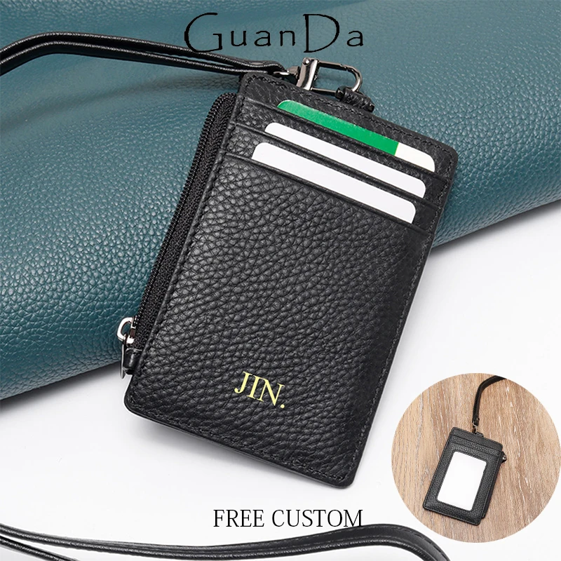 Business Office Work Card Holder Custom Name Wholesale Real Leather Card Pouch Zip Woman Man Personalized Card Wallet With Strap