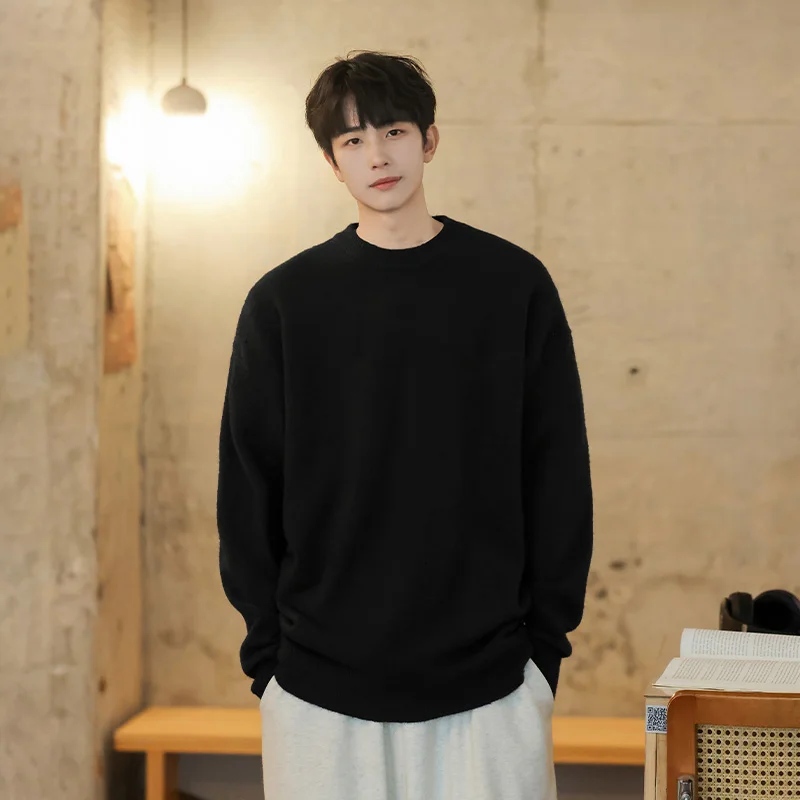 

Men's Pure Bla Knitted Sweater Thiened Lazy Sle Autumn Winter New Arrival Inner Wear Base irt Loose Fit Daily Wear