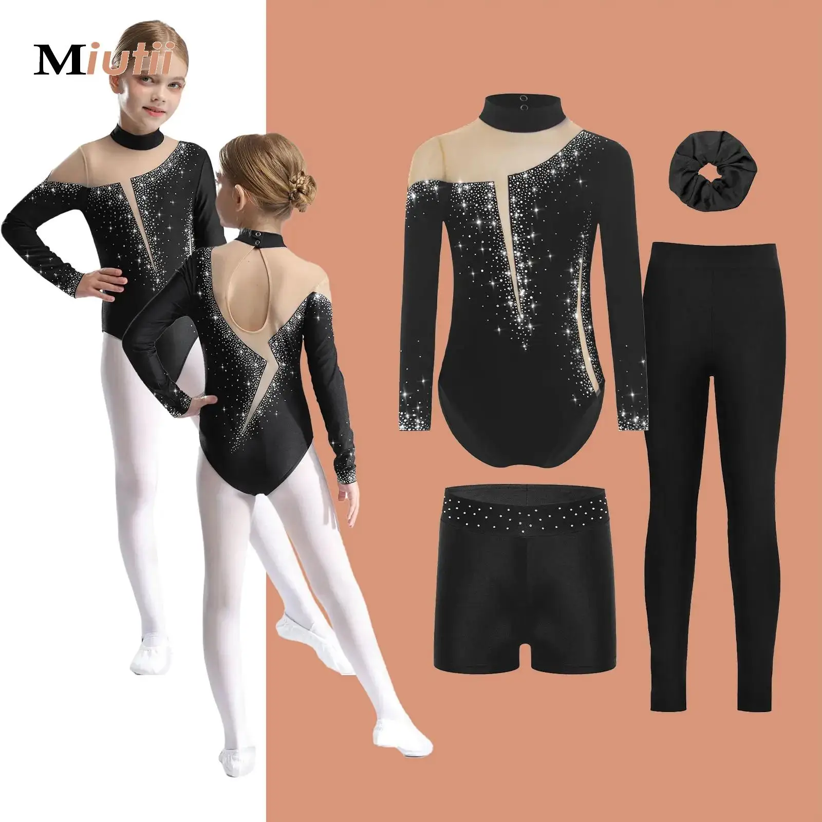 

Детский гимнастический трико с длинными рукавами для девочек, комбинезон + шорты + леггинсы + повязка для волос, блестящая одежда для балета и танцев, детская танцевальная одежда