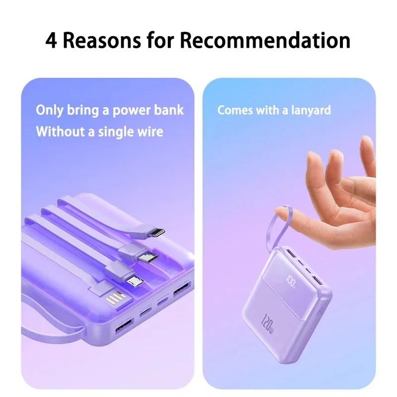 حزمة طاقة Mini Powerbank بقدرة 50000 مللي أمبير في الساعة بقدرة 120 وات مع أربعة كابلات بيانات للشحن السريع للغاية مناسبة لهواتف iPhone وSamsung Huawei #6