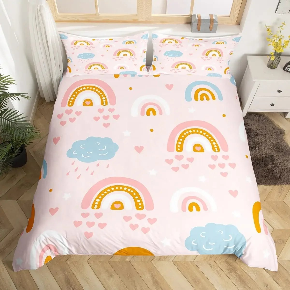 Kawaii Rainbow Duvet Cover Set Heart Love Bedding Set Microfiber Colorful Rainbow Clouds Comforter Cover Twin King For Boy Girls