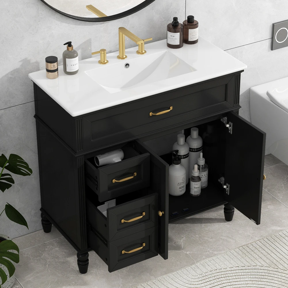 

36" Bathroom Vanity with Sink, Black Bathroom Cabinet with Drawers, Solid Frame and MDF Board Bathroom Vanity Cabinet with Sink