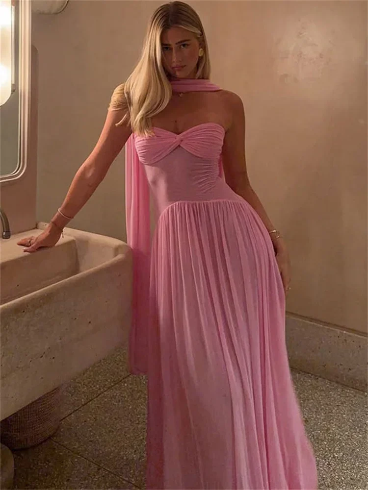 

Fmxires Summer Mesh See-Through Long Dress Female Pleated High Waist Bandeau Slim Fashion Elegant Party Dress Women's Maxi Dress