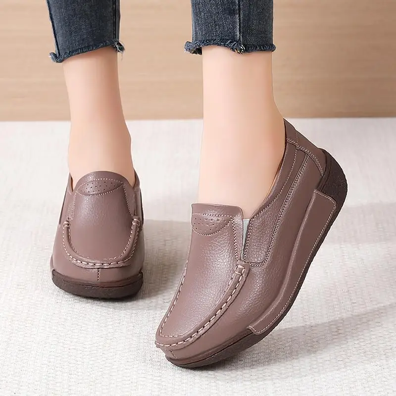 plus Size Women's Genuine Leather Casual Pumps Rocking Shoes Raise the Bottom Platform Shoes Women's Shoes Moccasins