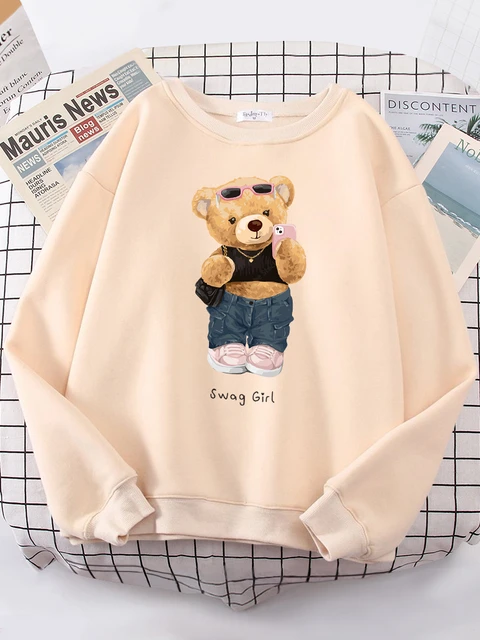 Street Teddy Bear Selfie Swag Girl Funny felpa donna Hipster Fleece Hoody felpe girocollo moda Pullover Oversize top AliExpress