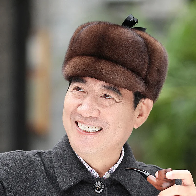 Men's Winter Mink Hair Hat Casual Thickened Lei Feng Hat Outdoor Cold Warm Hat Real Mink Fur Old Man Hat New 2023