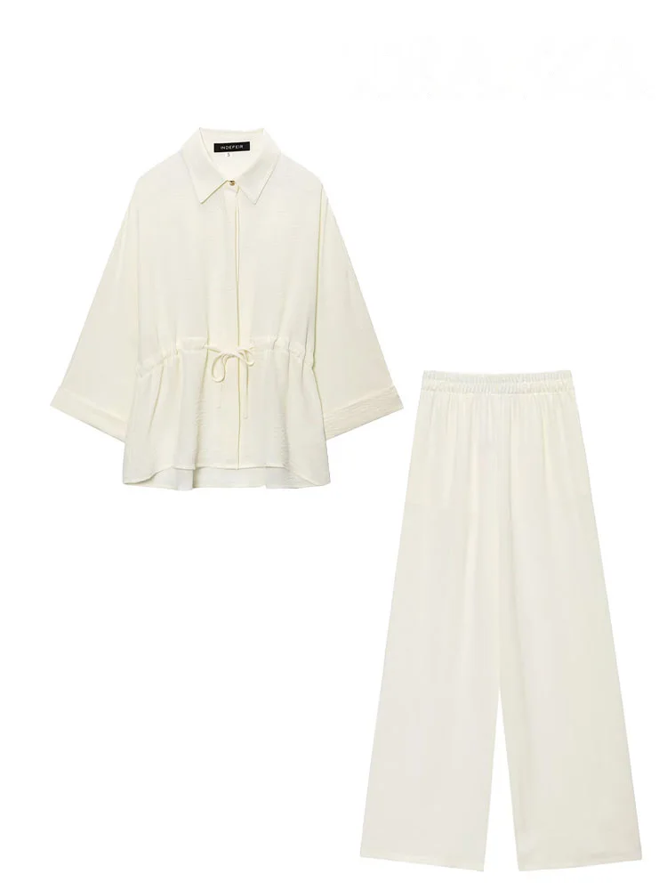 HH-Conjunto de pantalones para mujer, cinturón de cuerda con solapa a la moda, camisa decorativa de un solo pecho, Top + conjunto de pantalones de pierna ancha informales con cintura elástica