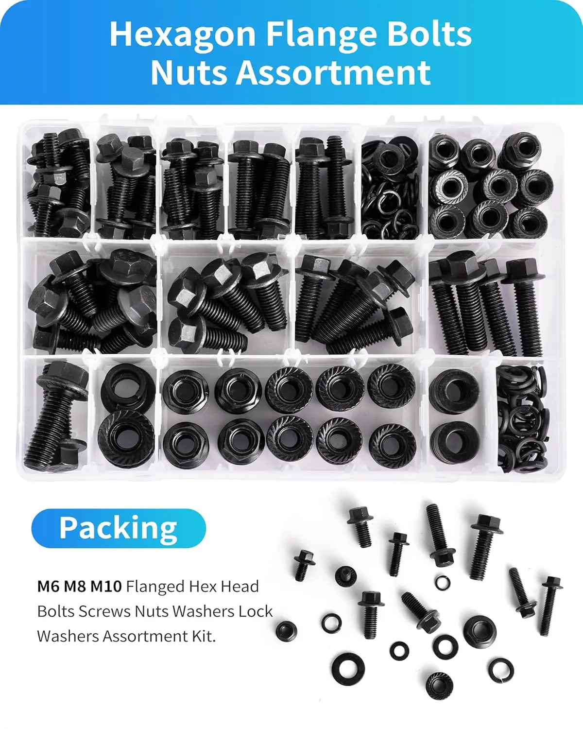 

300-piece metric flange bolt set, M6, M8, M10 flange hex bolts and nuts with washers, alloy steel grade 10.9 black zinc plated,