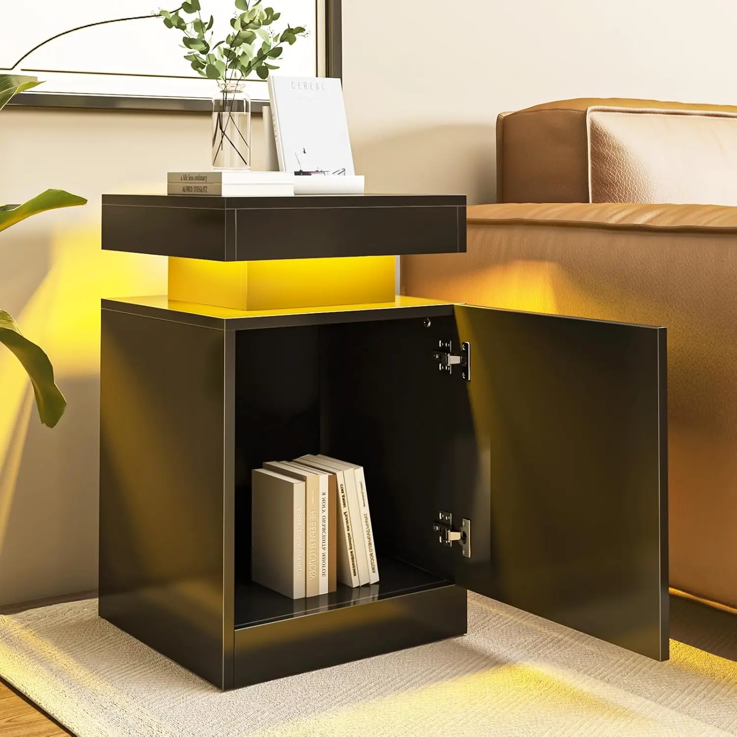 Nightstand Set of 2 with LED Lights,Night Stand with Storage Cabinet for Bedroom,Bedside Table with LED, Black, Customized - view 4