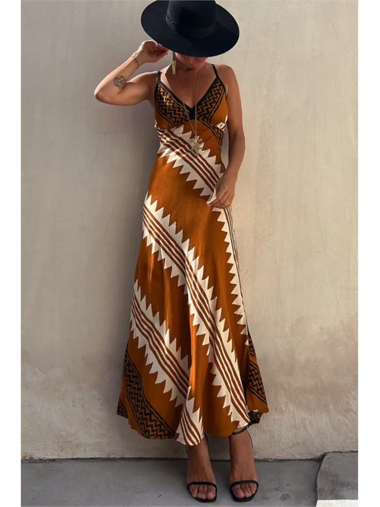 Abito estivo da donna con motivo etnico nuovo, senza schienale, con spacco sulla coscia, abiti estivi da donna, abito lungo con volant alla moda Boho per la spiaggia