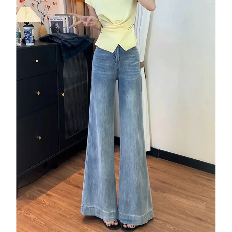 Korean Women Fashion Non Stick Leg Jeans Autumn Female New High Waist Denim Pantalons Ladies Solid Color Flared Cowboy Trousers