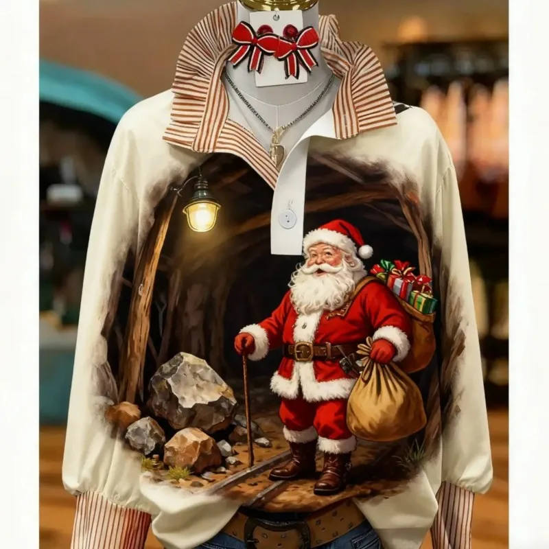 

Ladies' Santa Claus Pattern Button Top - Long Sleeve Machine Washable Shirt