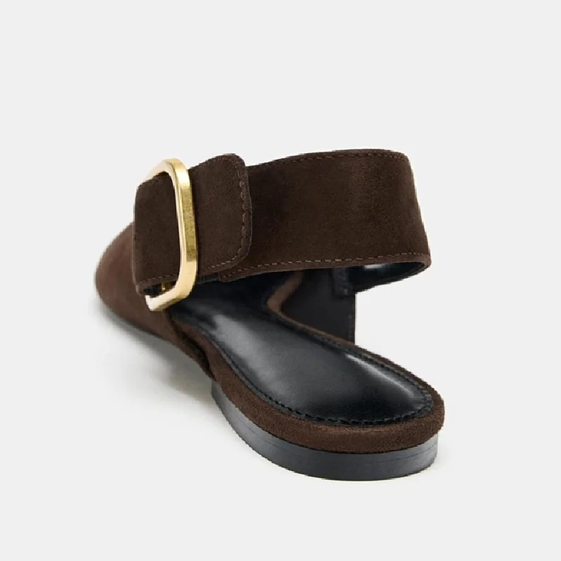 Conforto falso camurça plana estilingue sapatos moda fivela de metal alça traseira bombas de salto baixo elegante dedo do pé apontado sapatos de escritório