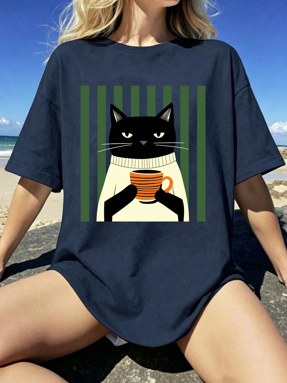 Schwarze Katze Kaffeetassen-Druck Baumwoll-T-Shirts Damen Sommer Oversized Tops Lässige Weiche Kurzarm-T-Shirts Basic O-Ausschnitt Kleidung – Detail 29