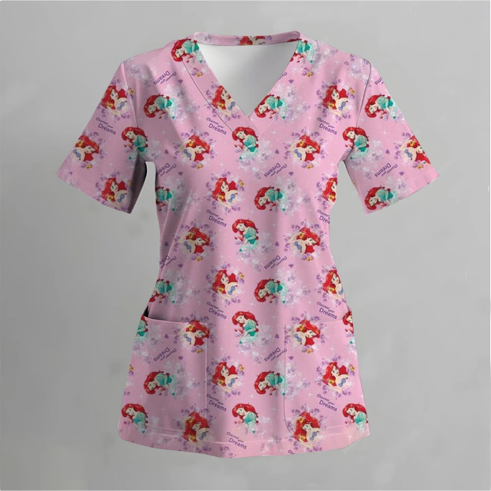 Fashion Disney Princess Print Hospital Uniform Nurse Beauty Dental Salon Work Clothes Customized Medical Matte Jogging Girl