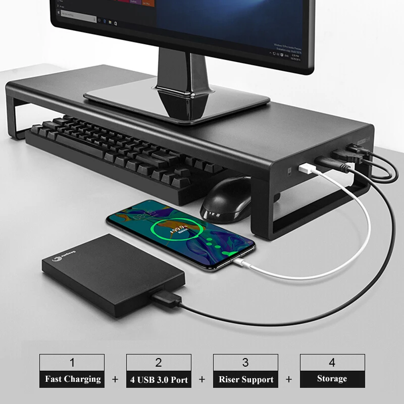 

New Monitor Stand Riser Desk Support USB3.0 Wireless Charging Transfer Data Keyboard Mouse Storage