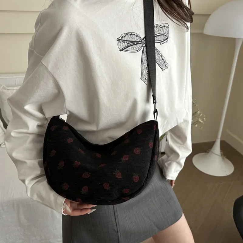 

Sweet Women Hobo Underarm Bag Popular Corduroy Strawberry Printing Crossbody Bag Student Pretty Shopping Travel Shoulder Bag