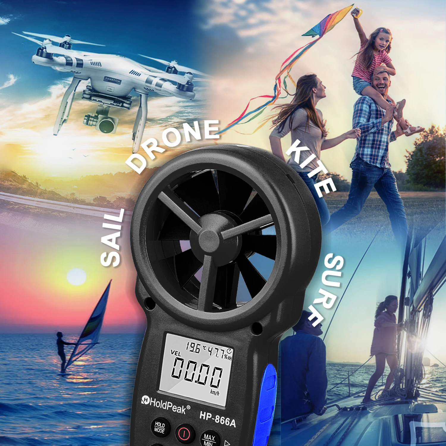 Imagem -05 - Holdpeak-anemômetro Digital Medidor de Velocidade do Vento Medida Temperatura Data Hold e Usb 866a