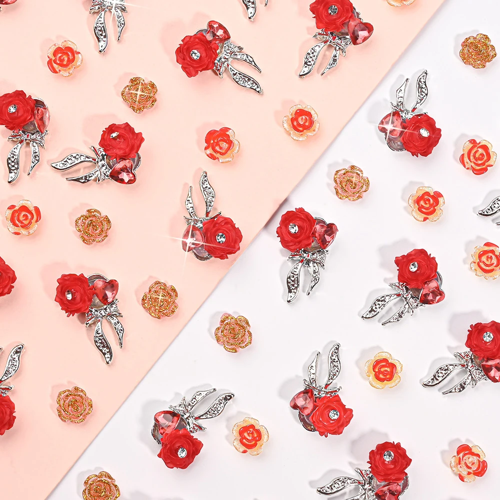 12Grid/box Red Resin Camellia Nail Charms Bow Rose Alloy Nail Art Decoration Shining Big Diamond Gold Powder Flower Nail Jewelry