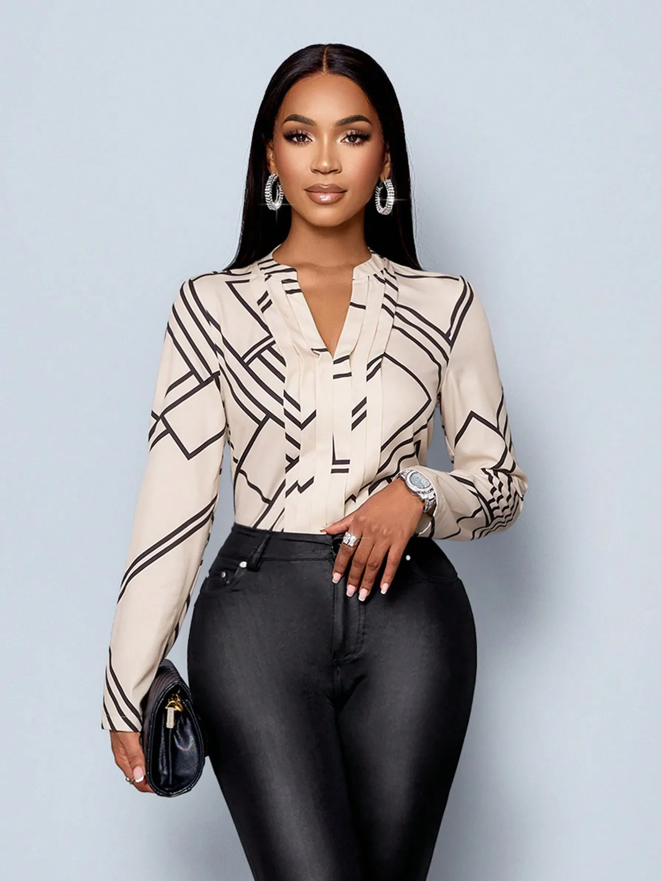 

Women's Geometric Print V-Neck Long Sleeve Pleated Blouse for Casual & Office Wear
