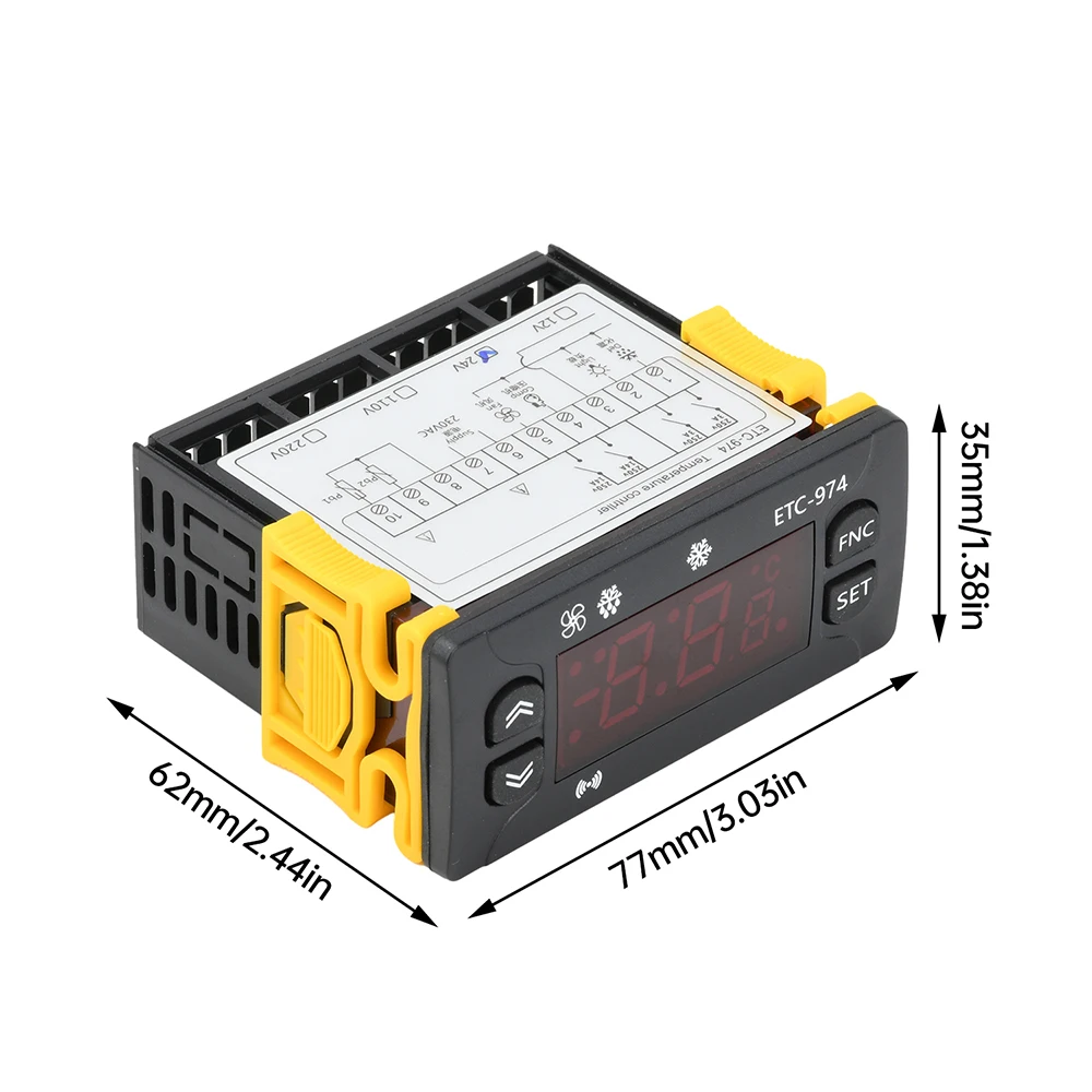 ETC-974 Intelligent Digital Display Temperature Controller DC12V/24V AC110V/220V Precise Adjustment Compressor/Frost/Fan