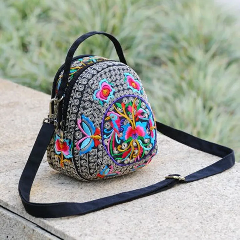 Trendy Casual Canvas Handbags Ethnic Style Embroidery  Crossbody Bag Zipper Double Sided Floral Women Shoulder Bag