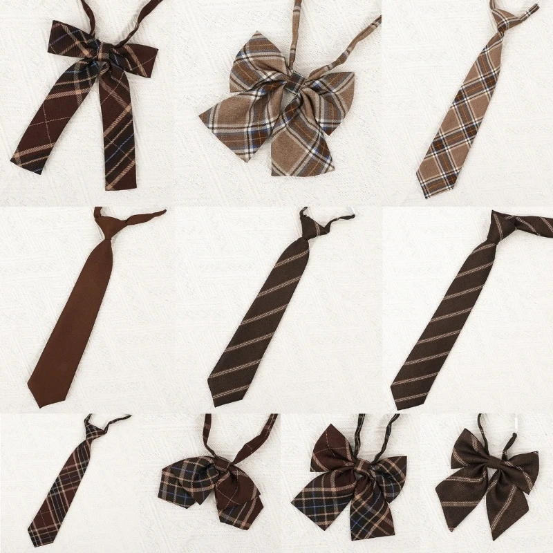 Brown Checkered Striped Pre-Tied Neck Tie Japanese College JK Uniform Bowtie