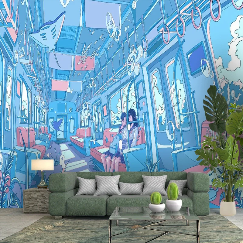 1PC Blue Anime Subway Couple Art Print Backdrop Banner, Bedroom Living Room Photo Background, Polyester, Home Decor, Wall Art