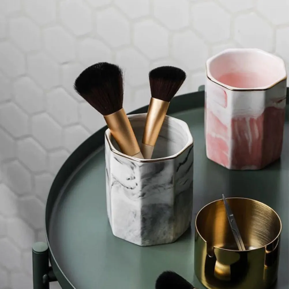 Marble Pattern Ceramic Pen Holder & Brush Storage Cup – Nordic Style, Pink Gold Rim, Elegant Desk Organizer