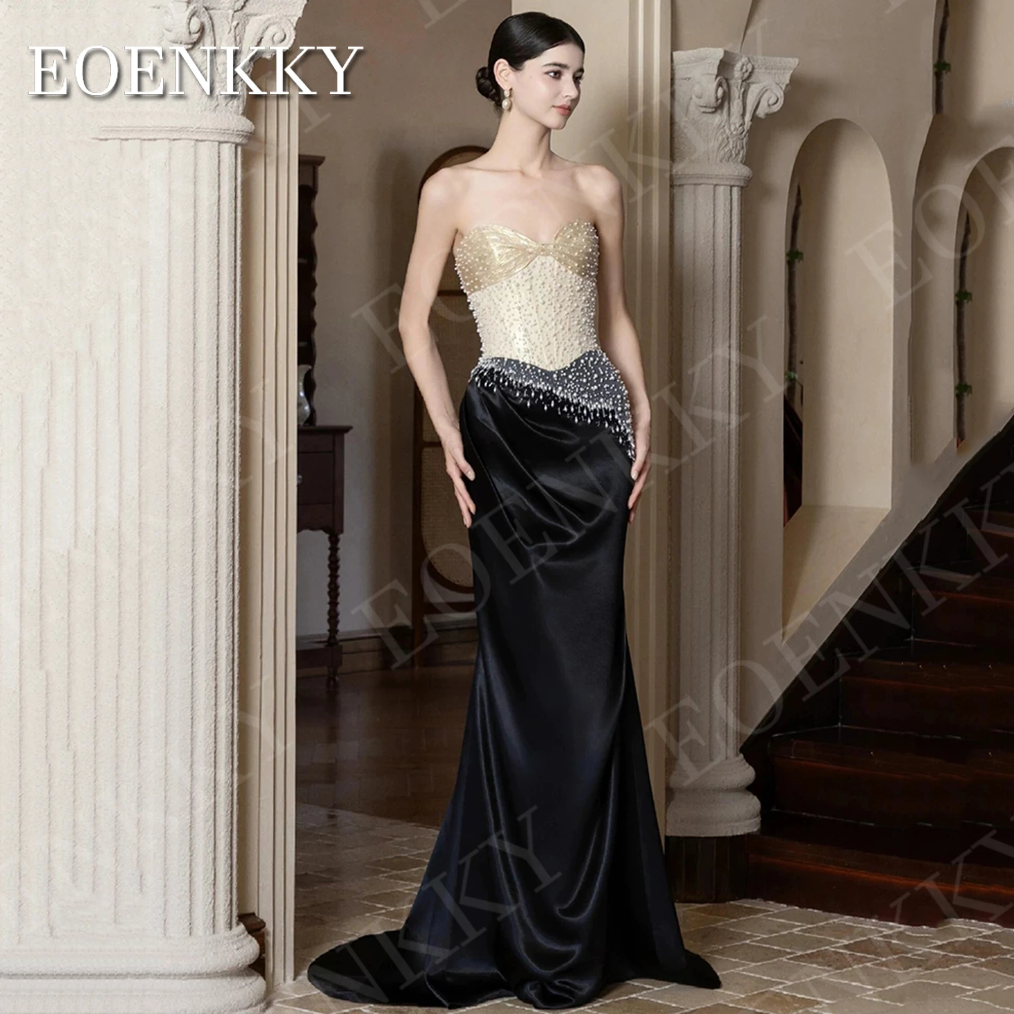 

EOENKKY Mermaid Graceful Evening Dresses Sexy Strapless Luxury Pearls Beaded Sweetheart Satin Celebrity Dress Party Customized