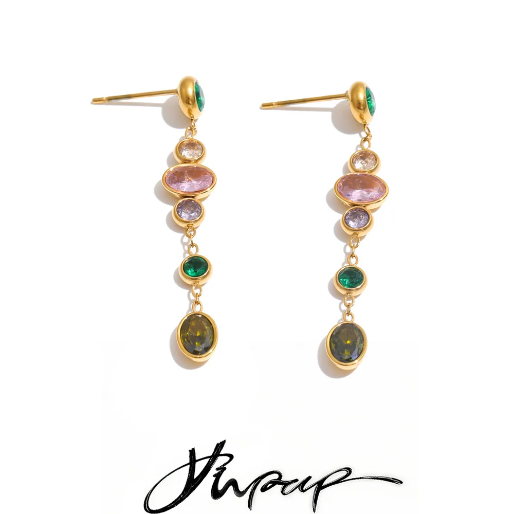 Yhpup Bunte Weiße Runde Kubische Zirkonia Lange Ketten-Ohrhänger 18K Goldfarben PVD-Beschichteter Edelstahl Premium-Schmuck